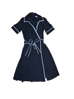 Shelby & Palmer Black Midi Wrap Dress with White Piping